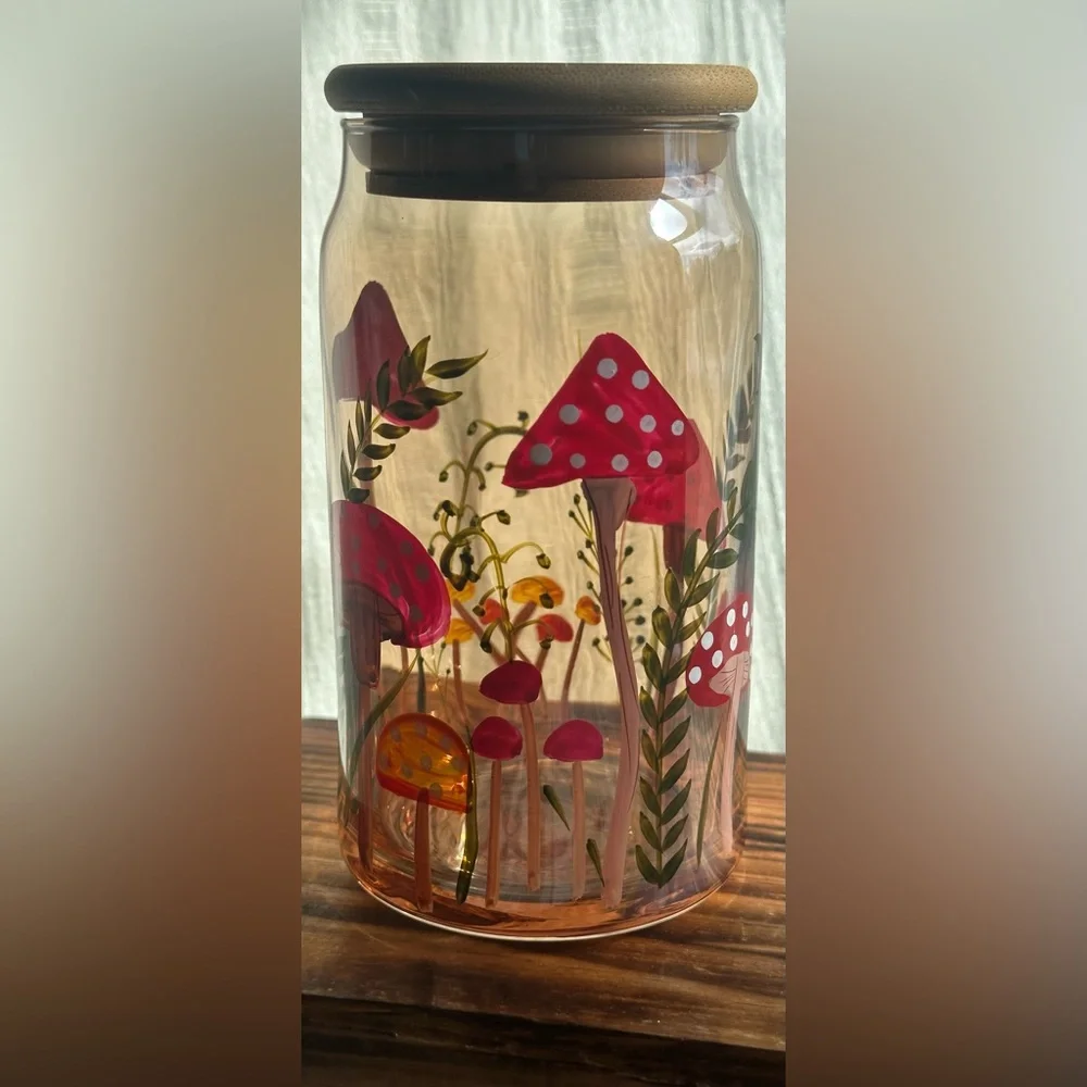 Pink Mushroom Glass Canister Jar Bamboo Lid Cottagecore